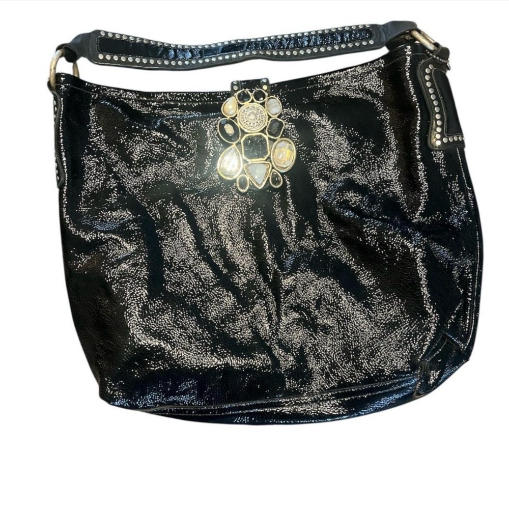 NWOT LeatheRock black REAL leather embellished gemstone large with pocket purse